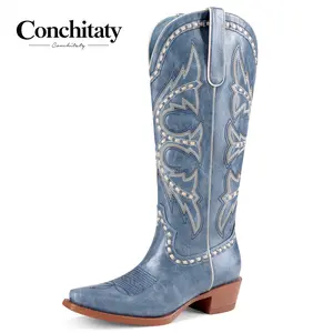 CONCHITATY Women’s Leather Western Cowboy Boots - Mid Calf, Wide Calf, Square Toe, Chunky Low Heel, Woven Design, Rubber Sole - Shoe for Women’s Western Wear