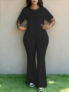 2-Pack Solid Color Fashion Plus Size Women's 2-Piece Set Casual Short Sleeve Outfit Casual Sporty Style Short Sleeve T-Shirt   Slightly Flared Wieg Pants Two-Piece Set Relaxed Casual Set Short Sleeve   Slightly Flared Pants Plus Size Slimming Suit
