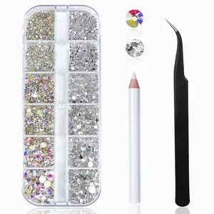 Nail Art Rhinestones Kit 2400pcs Nail Gems Ab Flatback Rhinestones Gems Stones, with Storage Organizer Box/Wax Pencil/Tweezers 6 Sizes (1.5-4.5 mm) for Nail Art Craft (2400pcs)