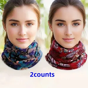 Women's Vintage Print Neck Wrap Set, Unique Neck Design, Bohemian Style Warm Elastic Scarf, Winter Windproof Adjustable Collar, 2 Piece Fashion Accessory, Paisley Print Scarf
