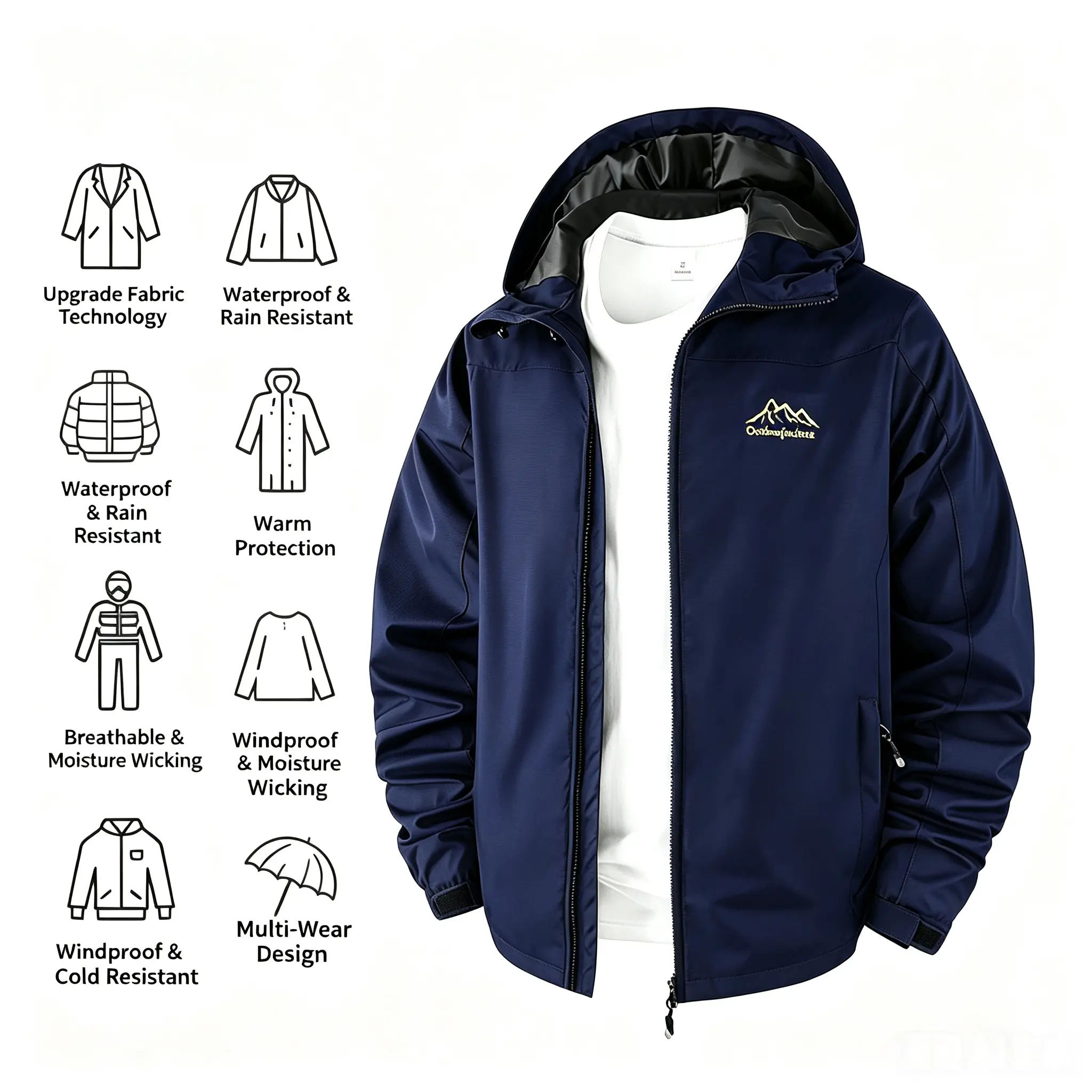 Men's Slim-Fit Polyester Outdoor Waterproof Hooded Softshell Jacket - Windproof, Casual Multi-Wear Outerwear for Hiking, Everyday Use, Hoodie Jacket, Menswear, Coats, Long Sleeve, Hooded Rainwear, Lightweight Outerwear, Hiking / Light Outdoor, Solid, Top