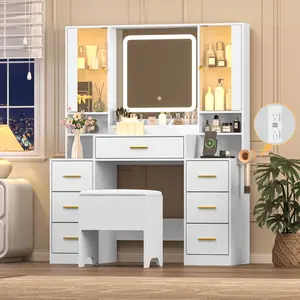 Vanity Desk with Mirror and Lights, Makeup Vanity Set Ensemble with Power Dock, Storage Stool for Bedroom, 3 LED Lights Modes, Black