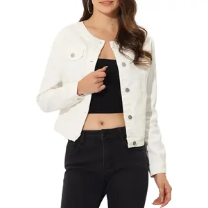 Women's Denim Jacket Collarless Round Neck Button Down Long Sleeve Jean Jackets