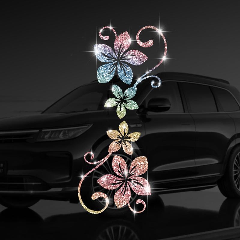 Four Vine Flower Car Sticker, Shiny Plant Floral Pattern, Self-Adhesive No Residue, Easy Installation for Cars Trucks Motorcycles Windows Laptops, Universal Car Sticker