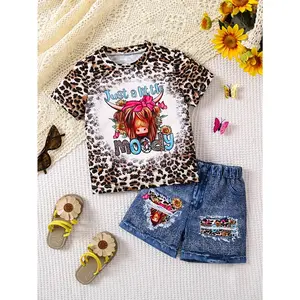 (New)Girls' Shorts Set, Fashionable Print Flowers And Cow Crew Neck Short-Sleeved T-Shirt, All-Over Print Imitation Faux Denim Shorts, for Outdoor