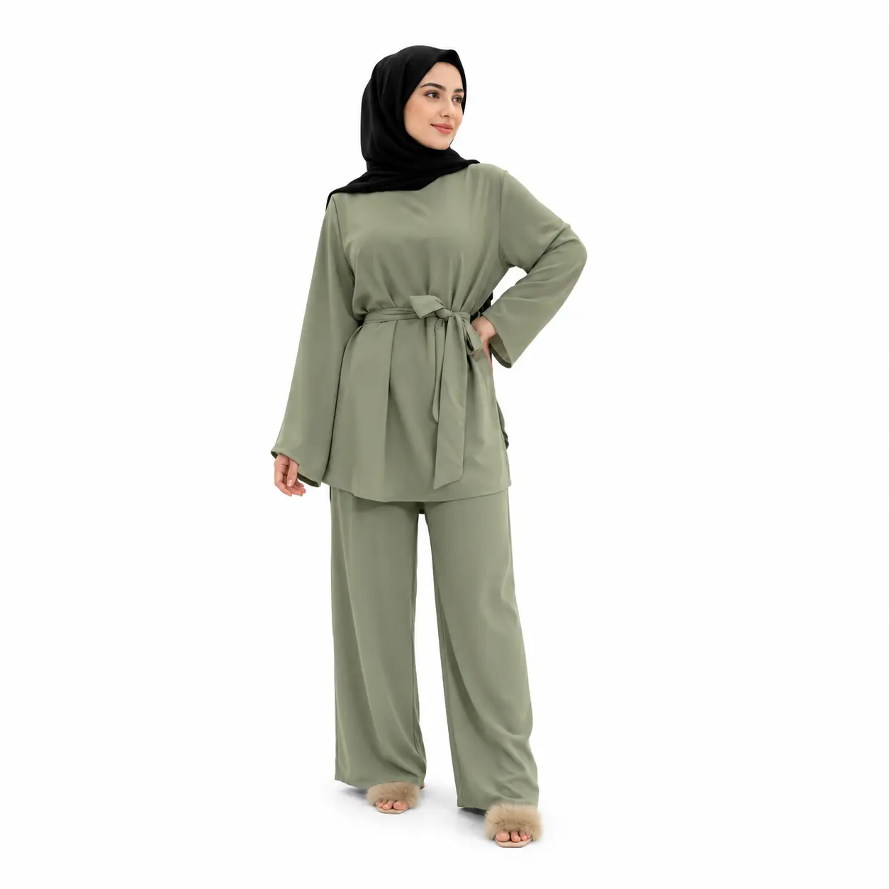 Women's Layali Premium Nida Fabric 2-Piece Modest Set - Long Sleeve Tunic, Loose Fit Wide Leg Pants, Plain Design