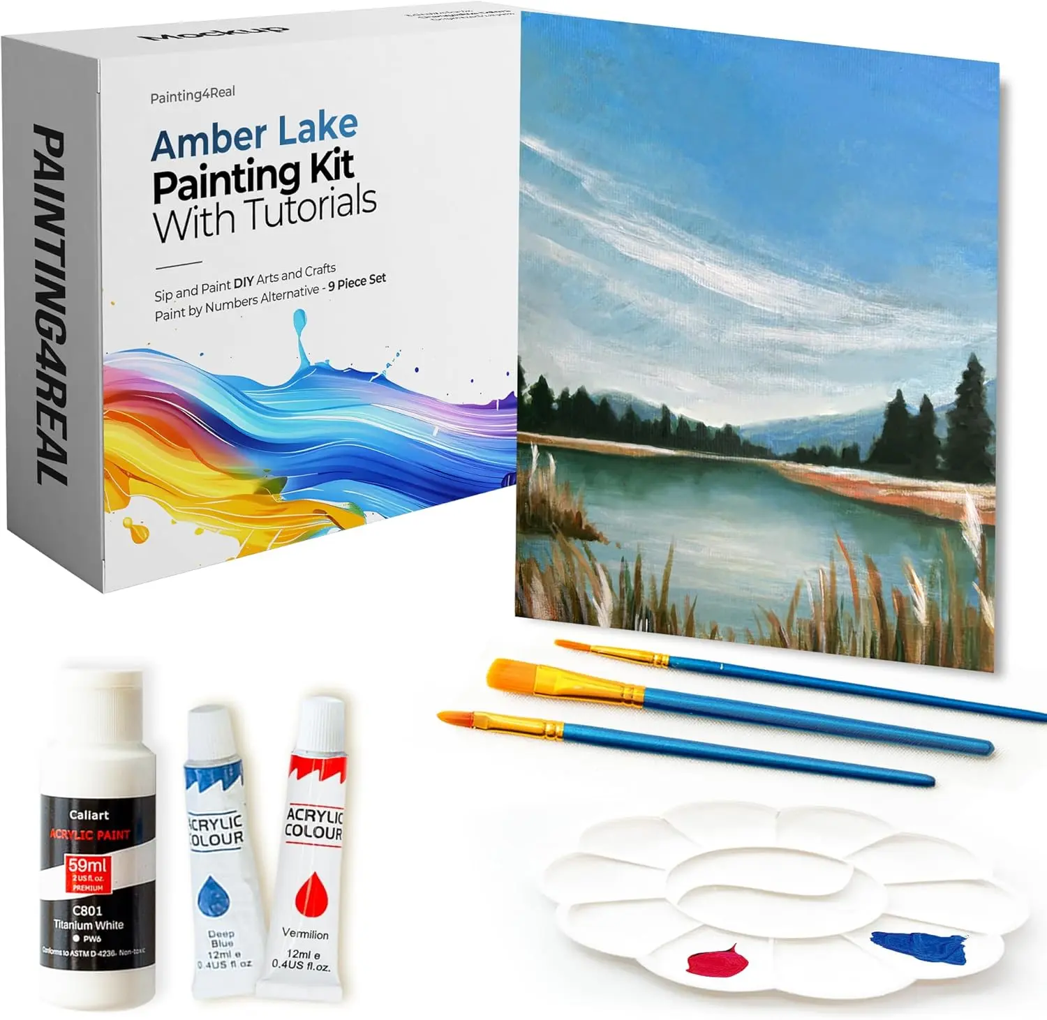 DIY Amber Lake Acrylic Painting Kit with Video Tutorials - 9pc Art Set for Adults and Beginners