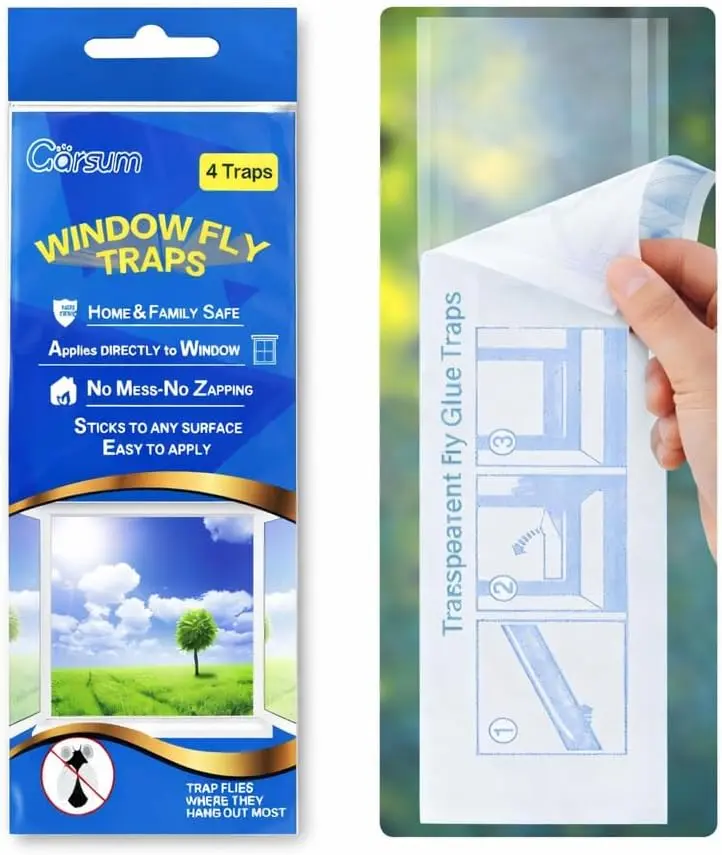 Garsum Window Fly Traps Indoor, Fly Paper Bug Sticky Strips, House Fly Killer Window Decal Non-Toxic,4 Pcs Water Proof