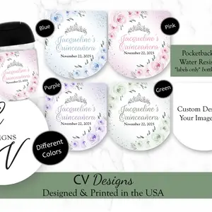 CV Designs Custom Quinceanera Hand Sanitizer Favor Sticker Labels 90pcs Modern Glossy Water-Resistant Personalized Party Favors
