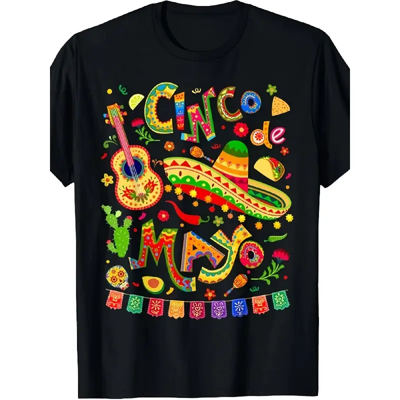 Men's Vintage Cinco de Mayo Graphic T-Shirt, Oversized Streetwear Style Short-Sleeve Crewneck for Everyday Comfortable Wear