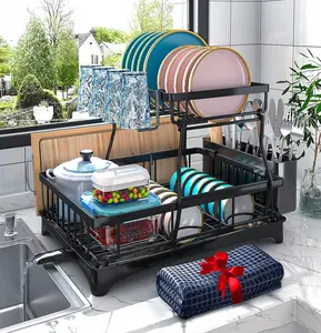 Stainless Steel 2 Tier Dish Drying Rack with Drainboard, Utensil Holder, Cup Holder & Fork Holder for Kitchen Counter - Black, 2-Tier Dish Rack with Auto-Drain & Mat, Dish Racks for Kitchen Counter, Dish Drainer with Knife, Fork & Cup Rack