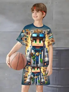Boys' Summer Game Set, Blue Gradient Minecraft Pixel Character Full Print T-Shirt & Shorts Two-Piece Set, Casual Style