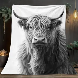 1pcs Flannel Blanket With A Portrait Of A Caucasian Cow, Digital Print, Sofa Bed Cover Blanket, Skin-Friendly And Soft, Suitable For Birthday And New Year Gifts All Year Round