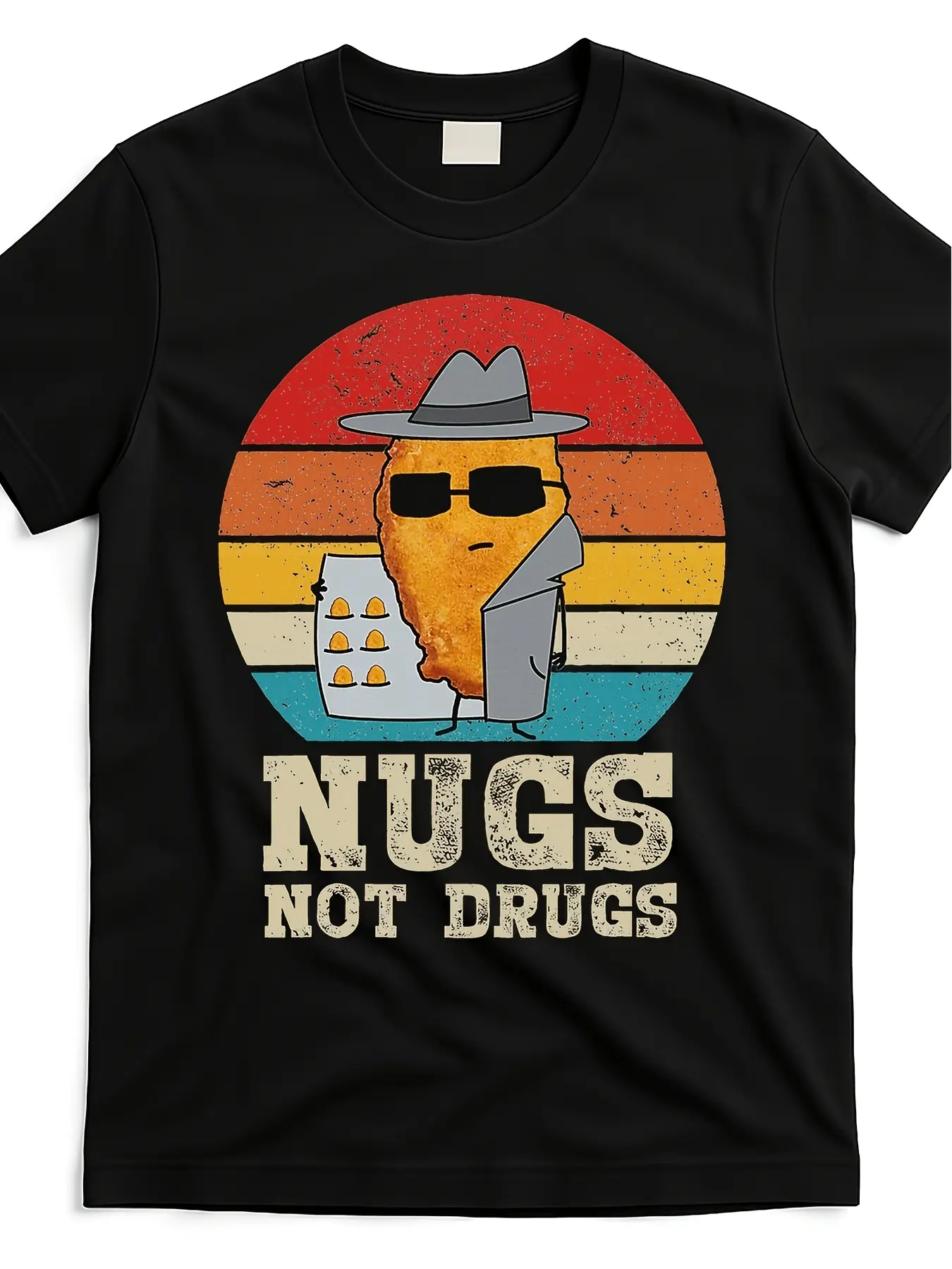 "Nugs Not Drugs" Funny Chicken Nugget Graphic T-Shirt, Unisex Casual Vintage Style Short Sleeve Crew Neck Stretch Polyester Top, Fabric, Knit, Round Neck