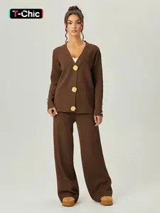 Women's Versatile V-Neck Gold-Toned Button Side Pocket Fitted Cardigan & High Waist Wide Leg Trousers Co-ord Womenswear
