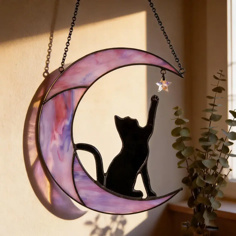 Handmade Stained Glass Black Cat Moon Suncatcher Hanging Window Decor with Crystal Star, Crescent Moon Cat Art Ornament for Home, Witchy Gothic Boho Decor, Gift for Cat Lovers, Moon Lovers & Housewarming Decoration, Celestial Moon Decor, Pet Memorial Gift