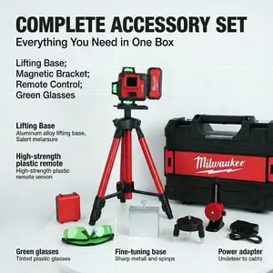 Milwaukee 16-Line 4D Green Laser Level With Telescopic Tripod And 6000mAh Power Cell. This High-Precision Layout Tool Delivers Reliable Self-Leveling Within 4 Degrees For Mechanical Engineering And Interior Renovation Tasks.