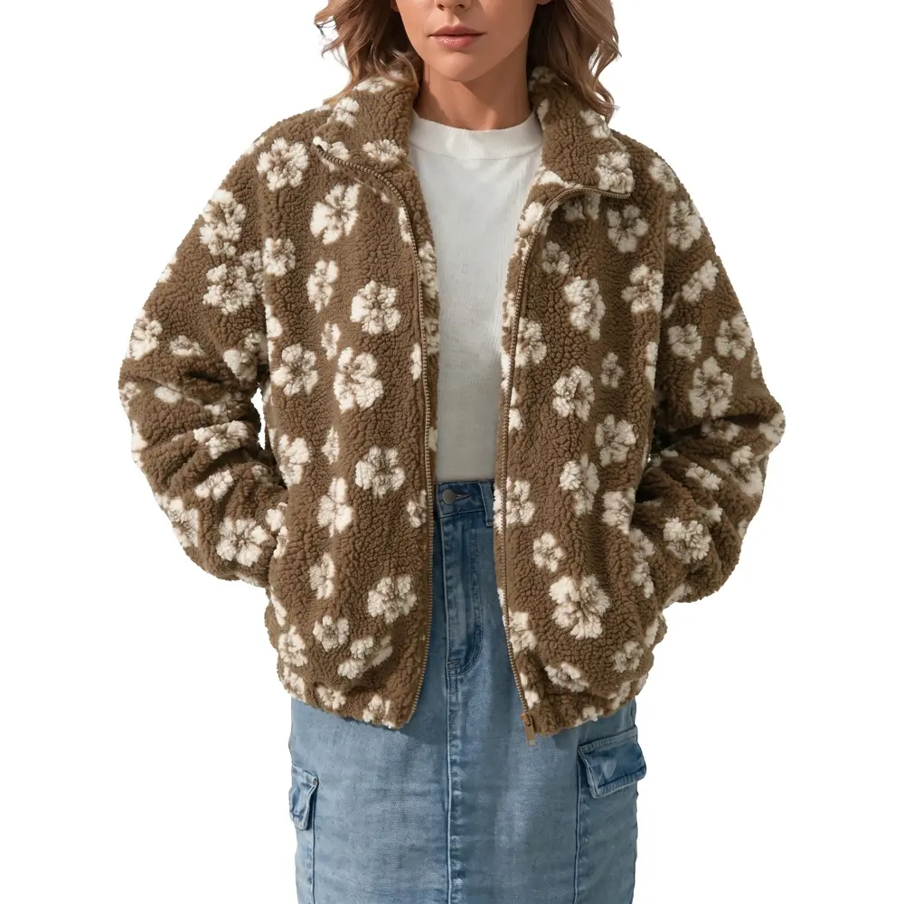 Dokotoo Women's Casual Fashionable Zip Front Floral Sherpa Fleece Jacket Winter Coat