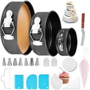 102Pcs Cake Pan Set Cake Decorating Kit with 3 Nonstick Round Springform Pan (4, 6.7, 8.3 inch)Piping Bag and Tip Cupcake Leveler Other Cheesecake Tin Tool Baking Supplies Present(silver)