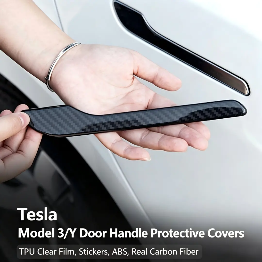 Door Handle Protector Covers For Tesla Model 3 Model Y, ABS Carbon Fiber Matte Black Handle Trim Stickers, Anti-Scratch Heat Insulation Decorative Cover, No Interference With Original Handle Function Car Exterior Accessories