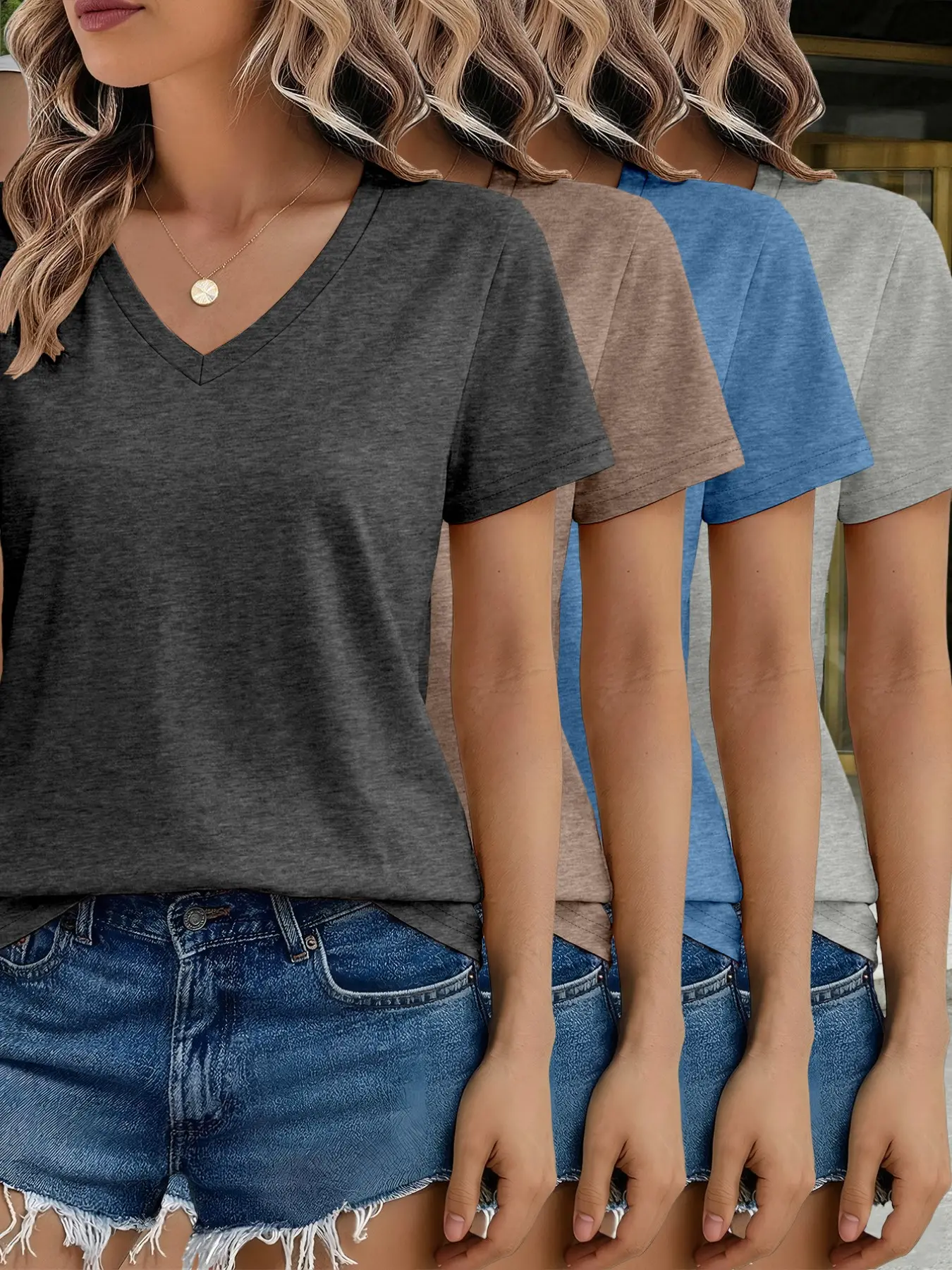Women's V-Neck Short Sleeve Summer Basic T-Shirt 4-Piece Matching Set, Casual Fitted Top, Solid Color, All Seasons, Plain Surface, Unlined