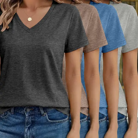 Women's V-Neck Short Sleeve Summer Basic Everyday T-Shirt 4-Piece Matching Set, Casual Fitted Top, Solid Color, All Seasons, Plain Surface, Unlined, Basic Casual Tops