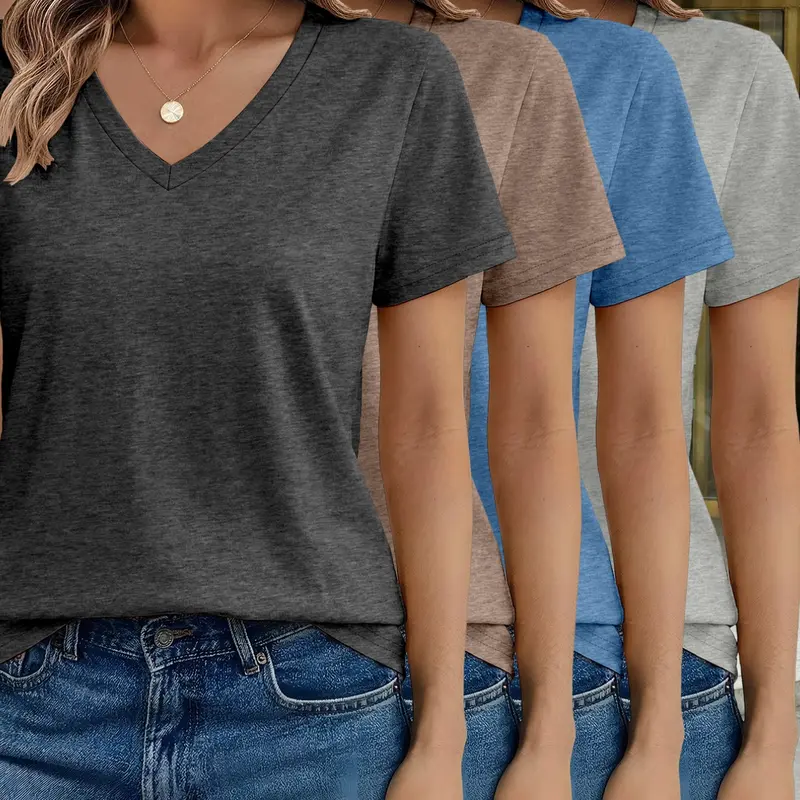 Women's V-Neck Short Sleeve Summer Basic Everyday T-Shirt 4-Piece Matching Set, Casual Fitted Top, Solid Color, All Seasons, Plain Surface, Unlined, Basic Casual Tops