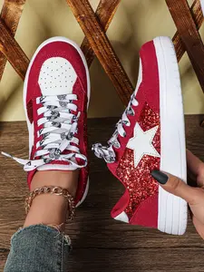 Women's Fashion Glitter Star Style Casual Sneakers, Low Top PU Leather Shoes for All Seasons, Perfect for Parties and Outdoor Activities