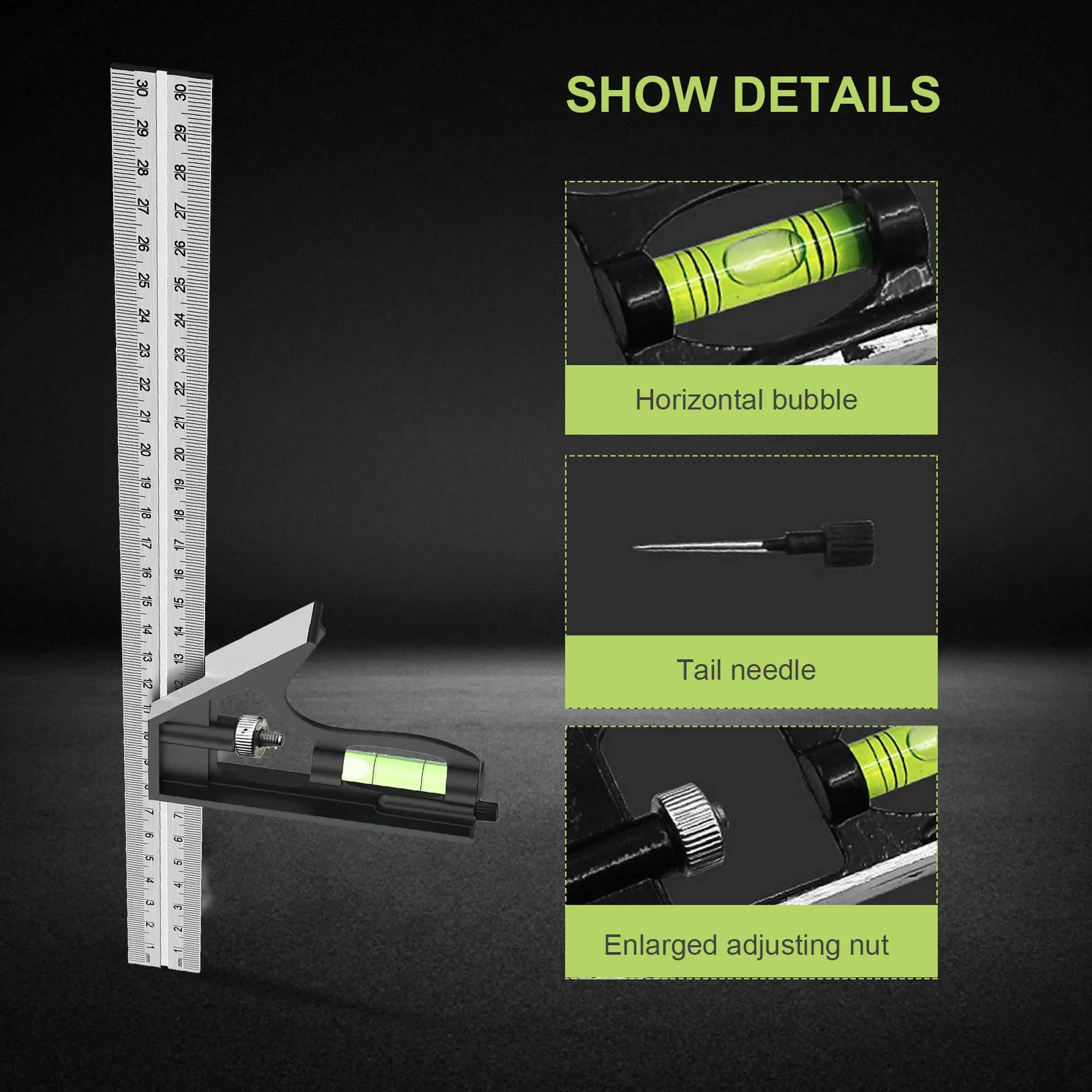 12'/300mm Stainless Steel Combination Square Tool Set, 3-In-1 Adjustable Woodworking Tool with Bubble Level, Precise Angle Measurement Tool, Measuring Ruler, Hand Measuring Tool