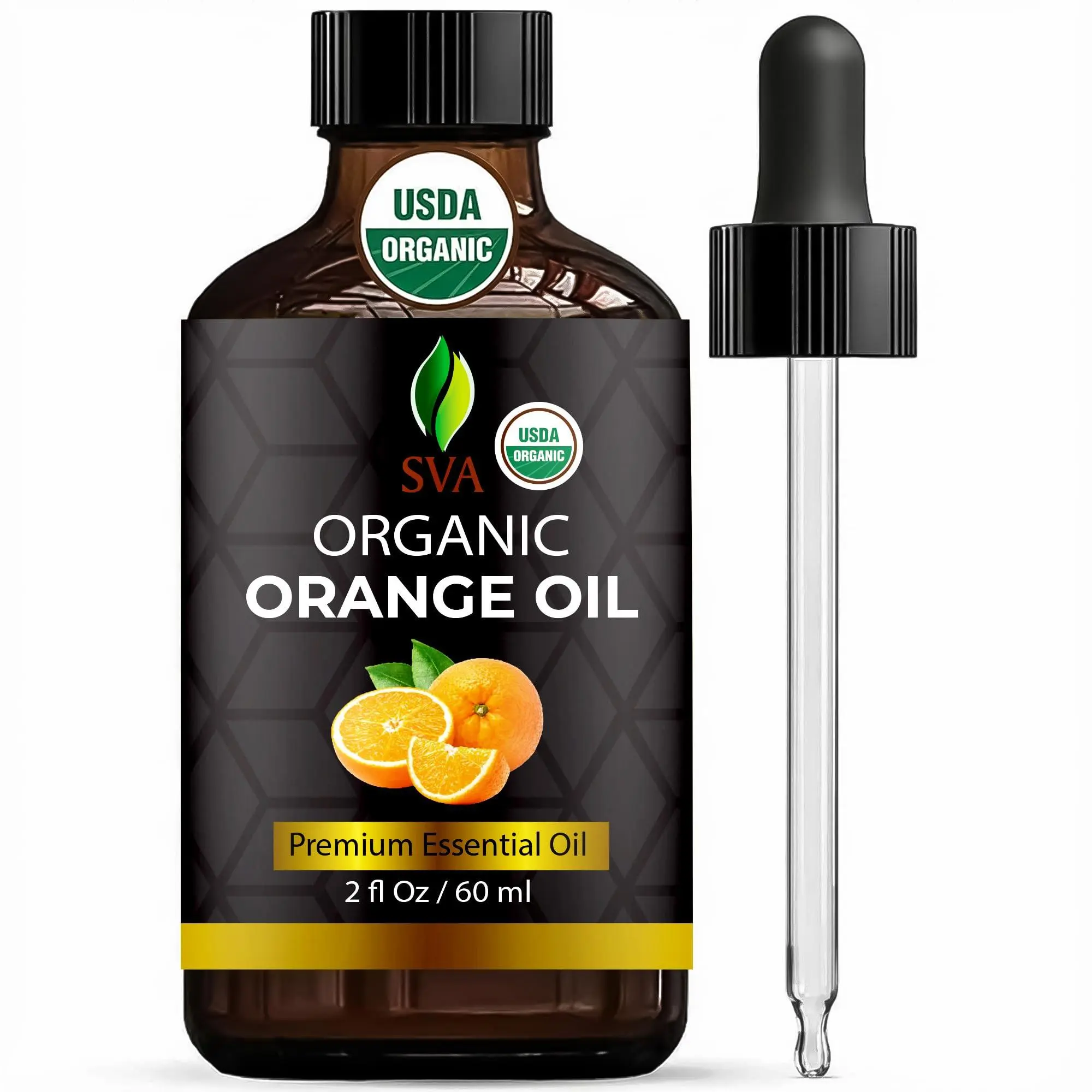 SVA Orange Essential Oil Organic – 2 Fl Oz – 100% Natural Organic Orange Oil - for Diffuser, Hair, Face, Skin Care, Aromatherapy, Scalp and Body Massage, Soap and Candle Making - with Dropper