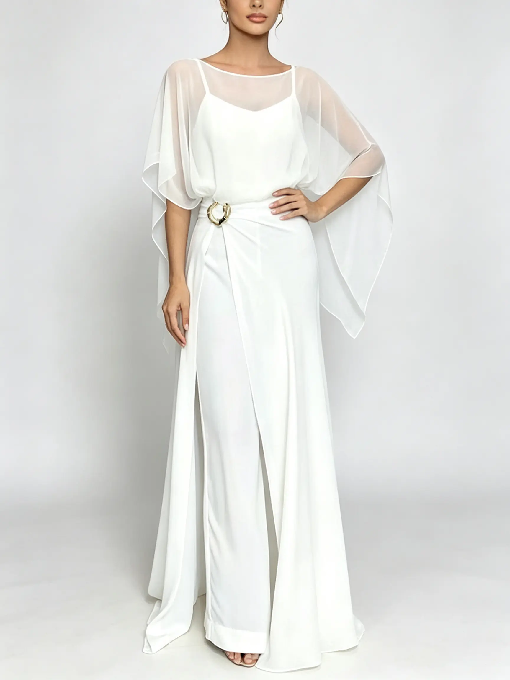 Womens Elegant Maxi Dress Chiffon Cape Overlay Formal Gown Spaghetti Strap Flowy Slit Wrap Dress Buckle Detail Special Occasion Evening Party Dress 2026 Fashion Ethereal Bridesmaid Wedding Guest Prom Attire