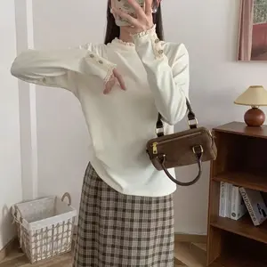 Y2k Autumn Winter Korean Lace Spliced Pullovers Sweet Female Clothing Solid Color Basic Half High Collar Casual Long Sleeve T-shirts