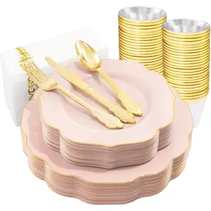 175 PCS Pink Plates with Gold Disposable Silverware-Include 50 Pink Plastic Plates,25 Knives,25 Forks,25 Spoons,25 Cups and 25 Napkins-Ideal for Wedding/Party