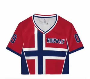 Women's Norway Flag Crop Top V-Neck T-Shirt – Norwegian Patriotic Graphic Cropped Tee | Casual Summer Short Sleeve Shirt