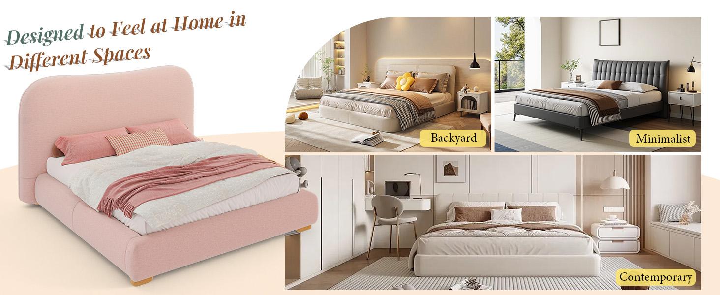 [Memorialday]VanAcc Cloud Bed Frame, 7.1" Thick Curved Headboard, Soft Rounded Corners Kid & Pet Safe Design, Modern Upholstered Platform Bed, No Box Spring Needed