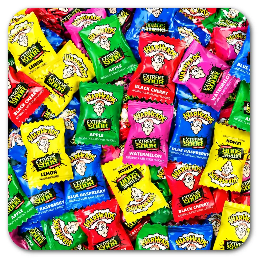 WARHEADS Extreme Sour Assorted Candies - 5 Bold Fruit Flavors (Black Cherry, Blue Raspberry, Lemon, Watermelon) - Sweet Bulk Hard Candies - 100 Pieces - Contains Colors - 1 lb, 5 lb Options