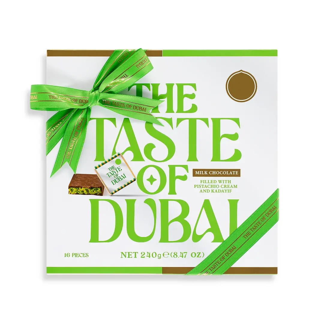 The Taste of Dubai Milk Chocolate Bar Filled with Pistachio and Katayif Gift Box 8.47oz 240g 16 Pieces Perfect for Sharing