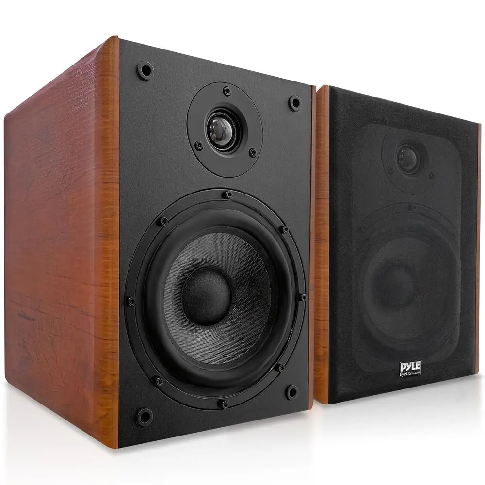 Stereo Bookshelf Cabinet Speakers, 200W Max High Power, 100W Per Pair, 12mm MDF, Silk Dome Tweeter, Wood Grain Finish, Aluminium Construction, 11.4'' x 7.5'' x 9.5'' Dimensions