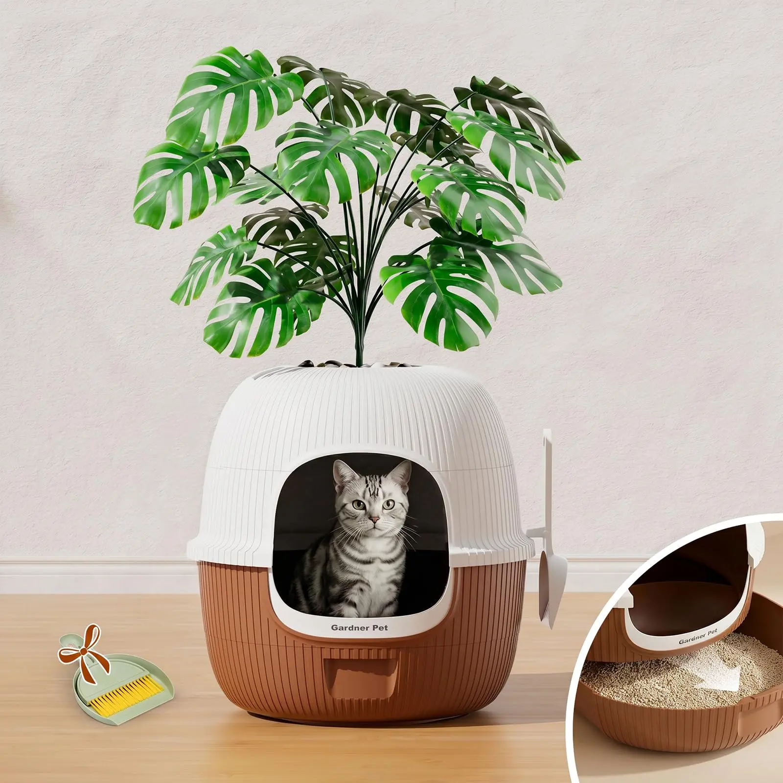Hidden Cat Litter Box with Faux Plant & Scoop, Drawer Decorative Litter Box Enclosure with Odor Controlled Carbon Filter, Effortless Refilling, Scooping & Cleaning, Leak-Proof Design