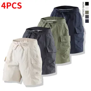 Set of 4 solid-color men’s drawstring shorts with flap pockets—loose, stylish outdoor work shorts suitable for summer outdoor adventures and everyday casual wear, featuring a fashionable elastic waistband and drawstring.