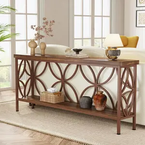 LustreC 70.9-Inch Narrow Sofa Table, Industrial Long Sofa Table Behind Couch, Entry Console Table with Storage for Entryway, Living Room, Foyer, Unique Design, Brown Glossy