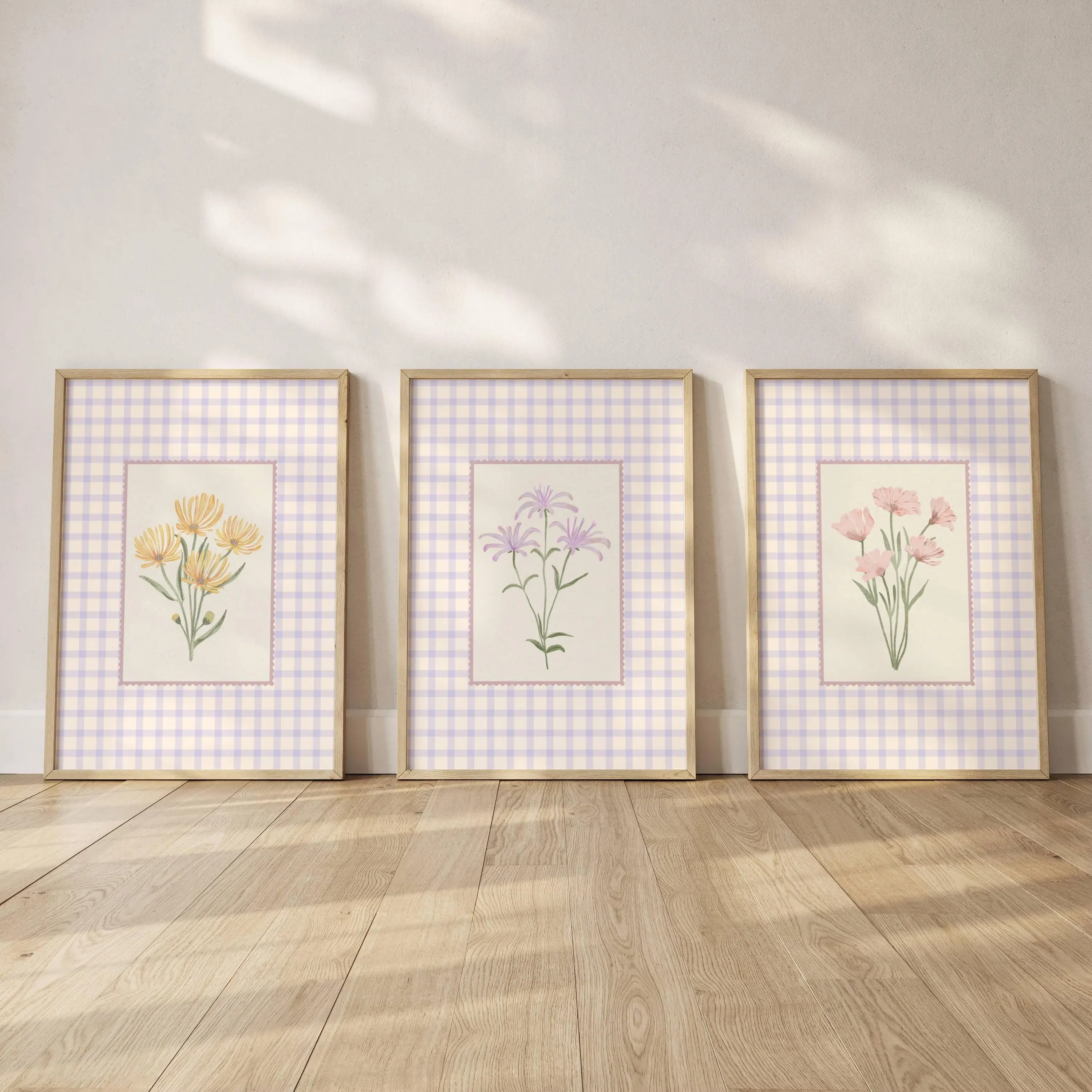 Set of 3 Floral Nursery Poster Unframed , Pastel Botanical Wall Art, Lilac Gingham Decor, Cottagecore Baby Room, Vintage Flower Prints