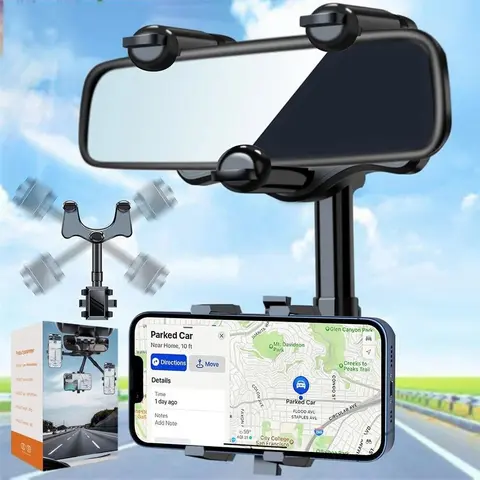 HOMEYA Rearview Mirror Phone Holder for Car, 360° Rotating and Retractable Multifunctional Rear View Phone Mount, Upgraded Four Corners Fixed Anti-Shake Fit All Smartphones & Bigger Vehicle