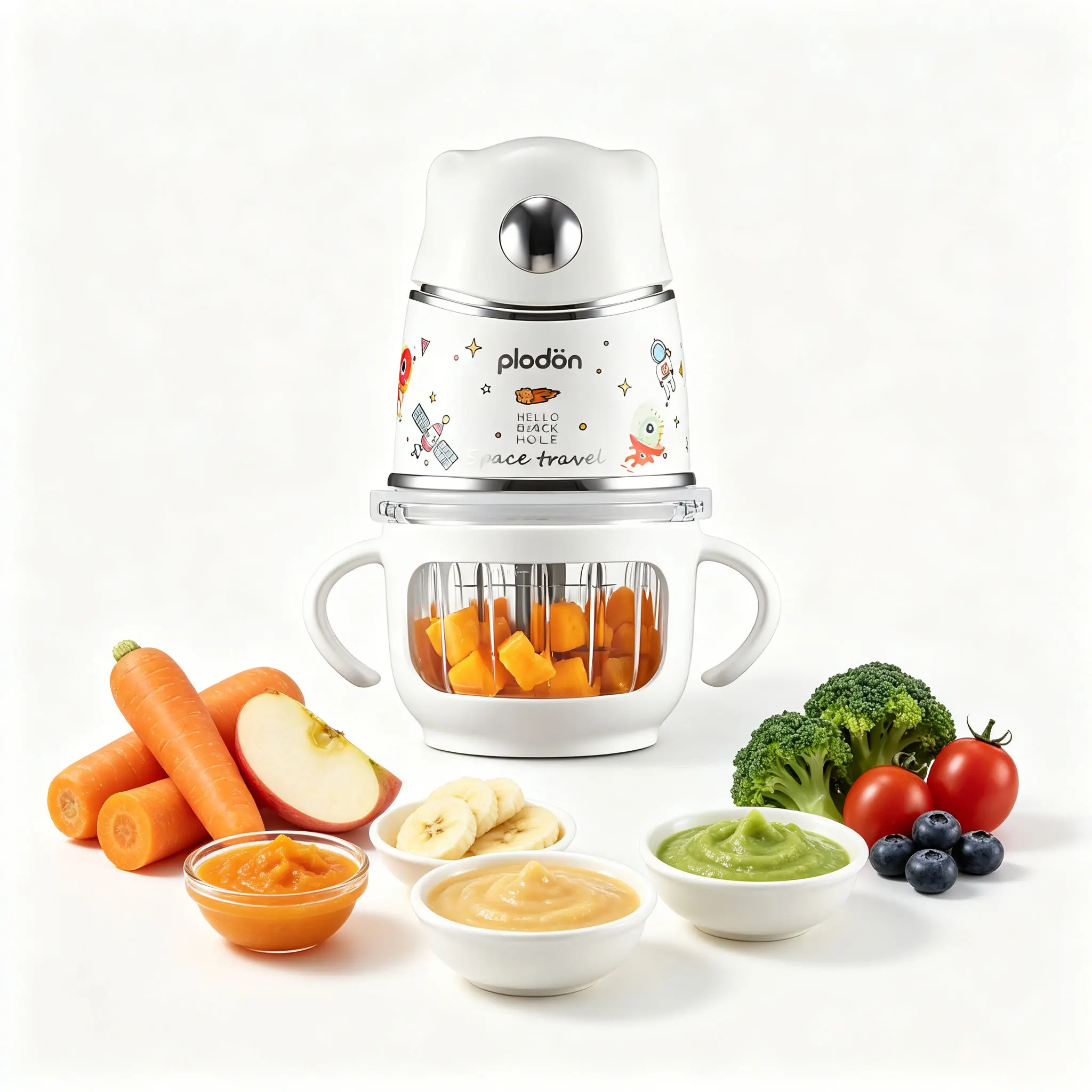 Plodon Baby Food Maker - 2026 New 10 oz Multifunctional Auto-Cooking Feeding Tool, Glass Bowl, 316 Stainless Steel Blades, BPA-Free, Dishwasher-Safe, Lockable Silver Self-Cleaning Countertop Blender for Potatoes, Grapes
