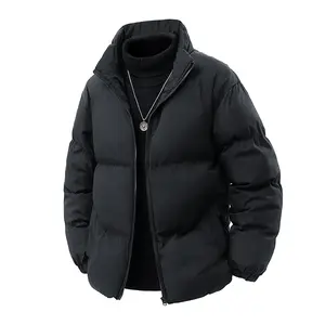 Men's Black Street Style Puffer Jacket, Stand Collar Oversized Warm Winter Outerwear
