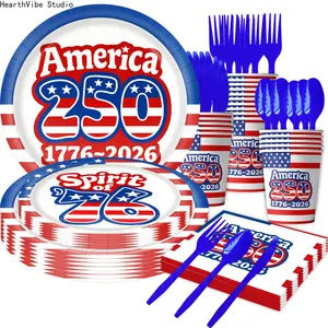 4th of July 250th Anniversary Patriotic Party Supplies Kit - America Semiquincentennial Decor Set with Disposable Plates, Banner, Photo-Ready Summervibes Limited Edition 1776-2026 USA Celebration Kit