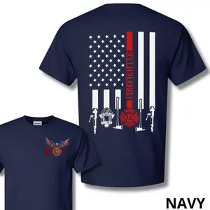 Firefighter T-Shirt, Thin Red Line American Flag Print, Fire Rescue Graphic Tee, Unisex Navy Shirt for First Responders and Heroes