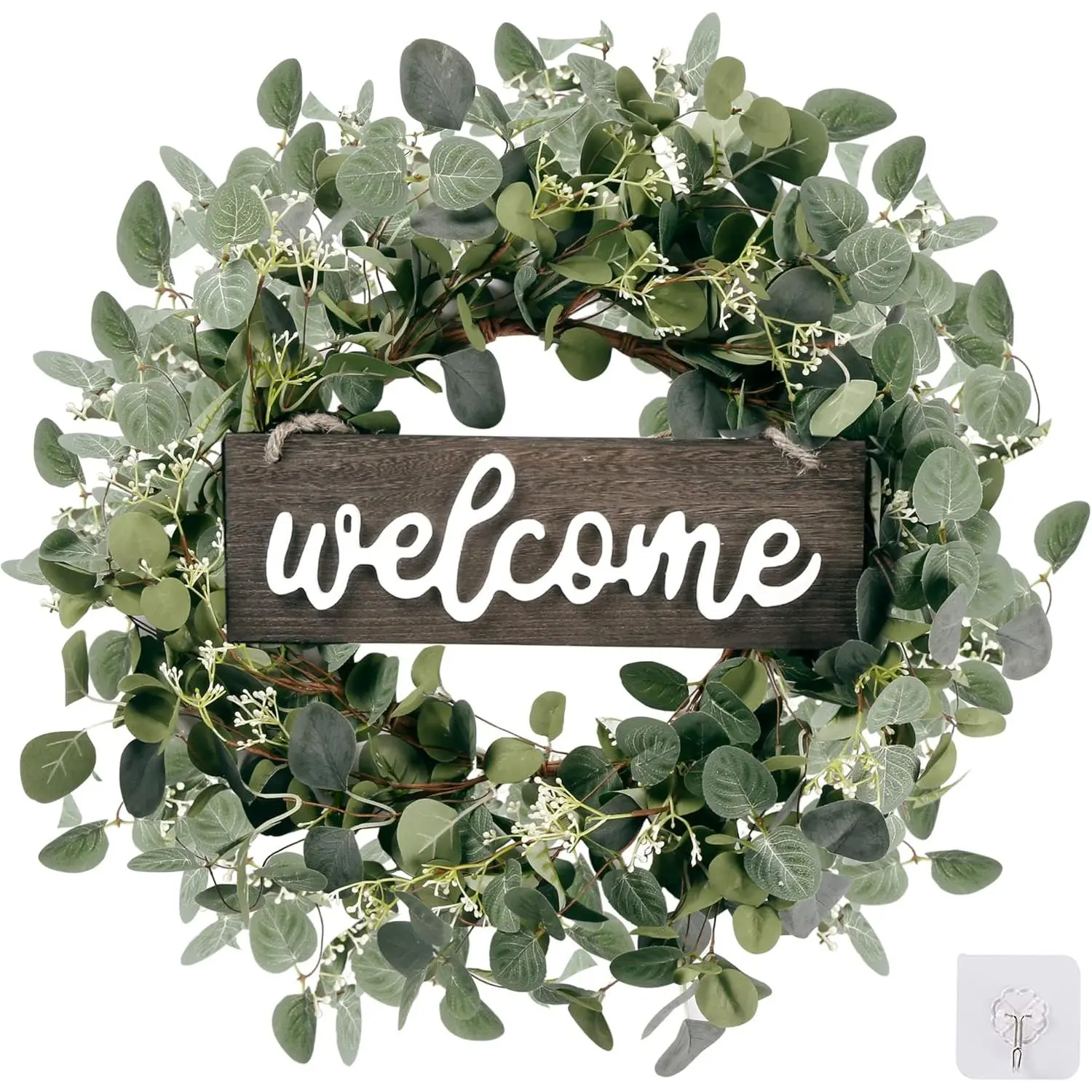 Green Eucalyptus Leaf Wreath with Welcome Sign 20in Artificial Eucalyptus Wreath Spring Summer Wreath for Front Door Wall Window Farmhouse Festival Porch Patio Garden Decor