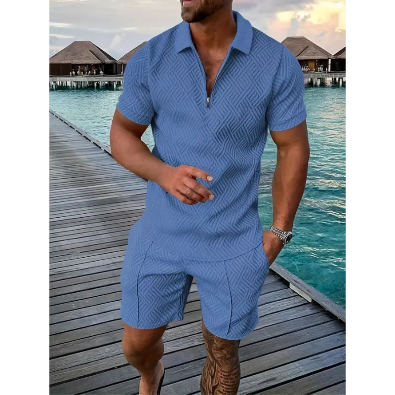 2 Pieces Summer Outfits for Men - Casual Short Sleeve Lapel Shirt and Drawstring Shorts Set for Vacation, Workout, and Daily Wear