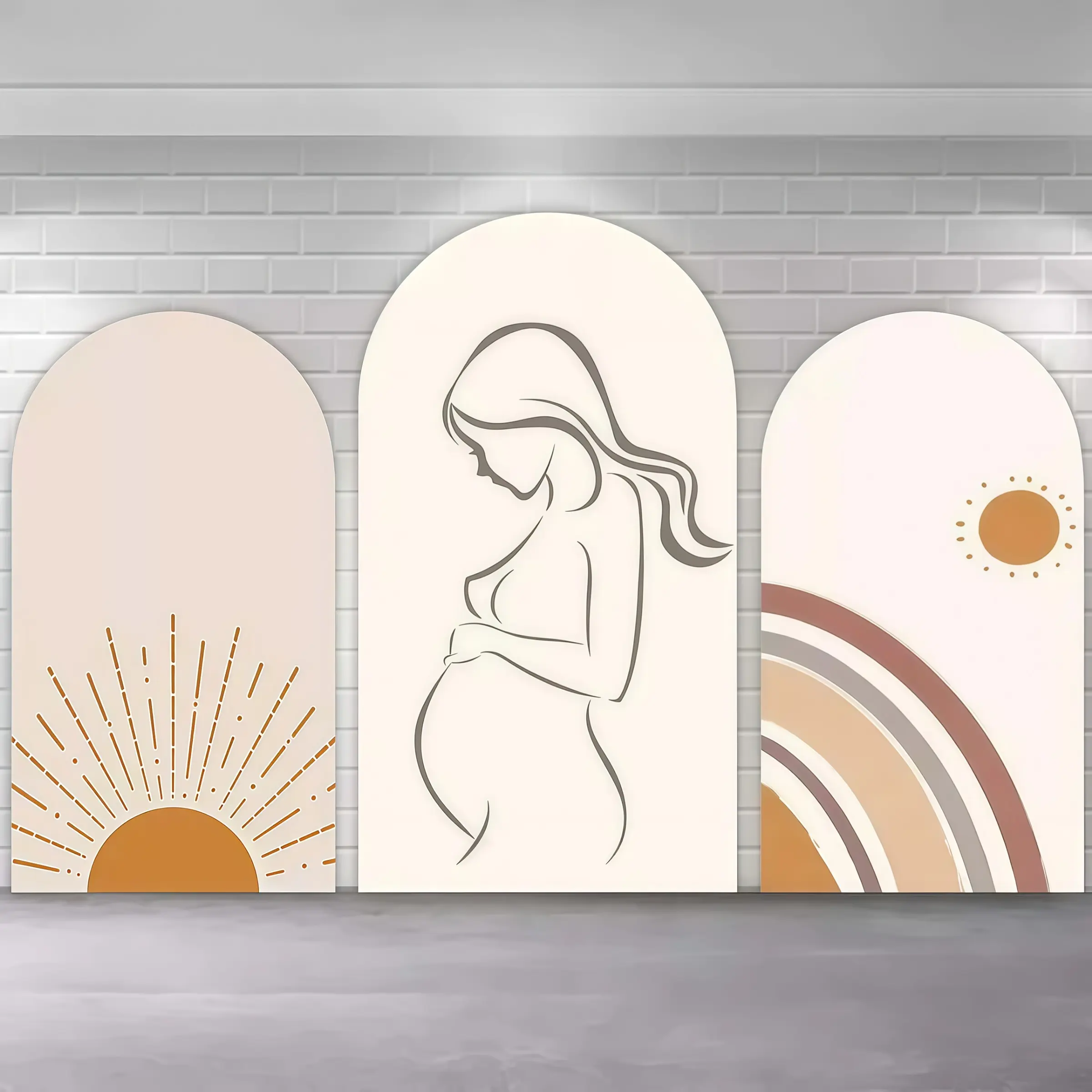 Boho Pregnant Mom Arch Covers Stretchy Backdrop, Neutral Sun Rainbow Minimalist Design, Perfect for Baby Shower Maternity Gender Reveal Party Photo Backdrop